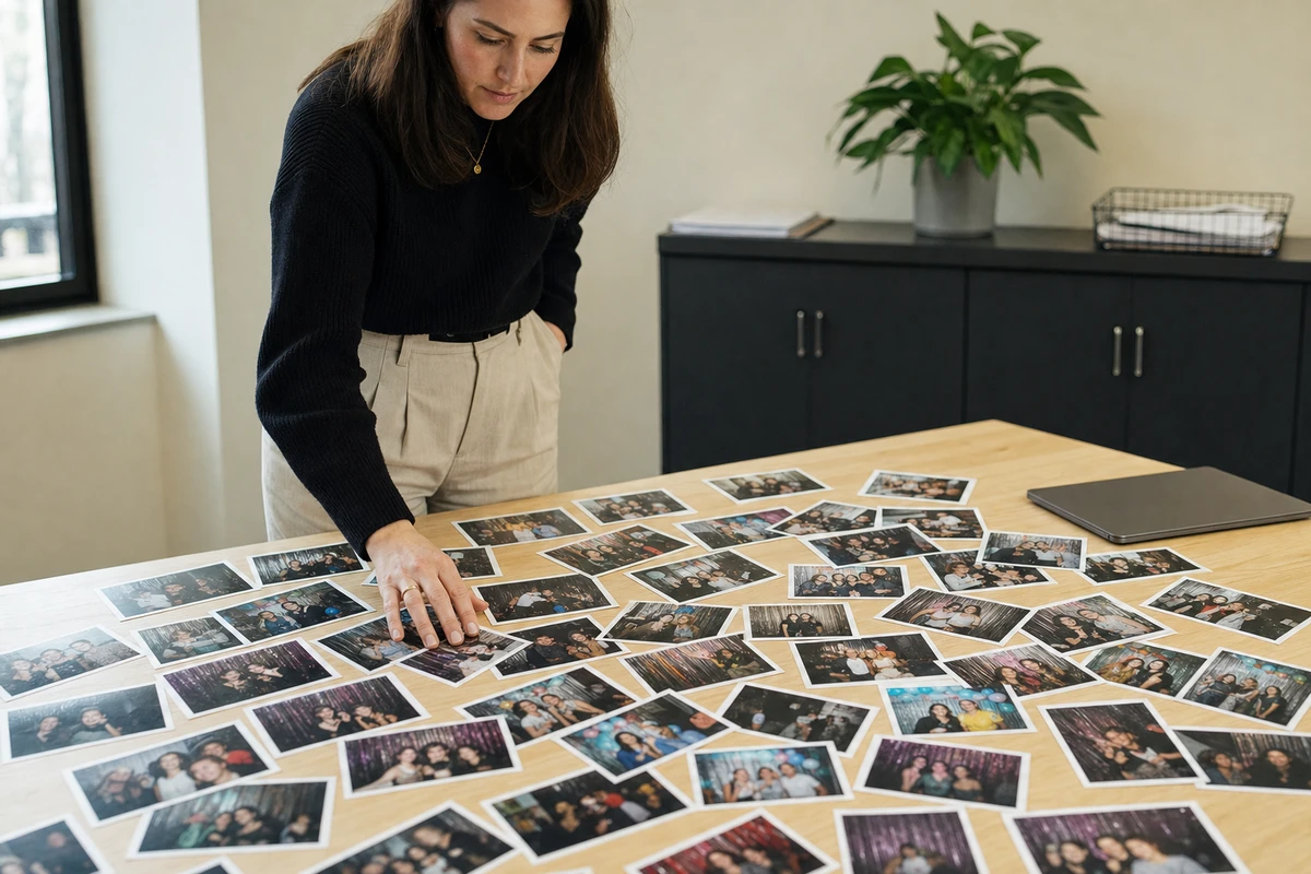 A campus communications staffer leans over a worktable covered with printed event photos, reviewing which images can be used.