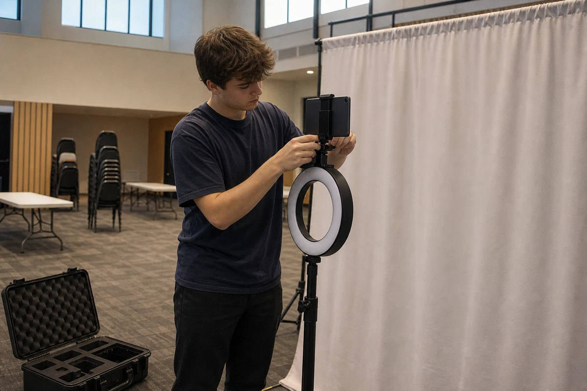 A student volunteer in an event T-shirt assembles a photo booth, clamping a tablet onto a ring-light stand in a union event room before guests arrive.