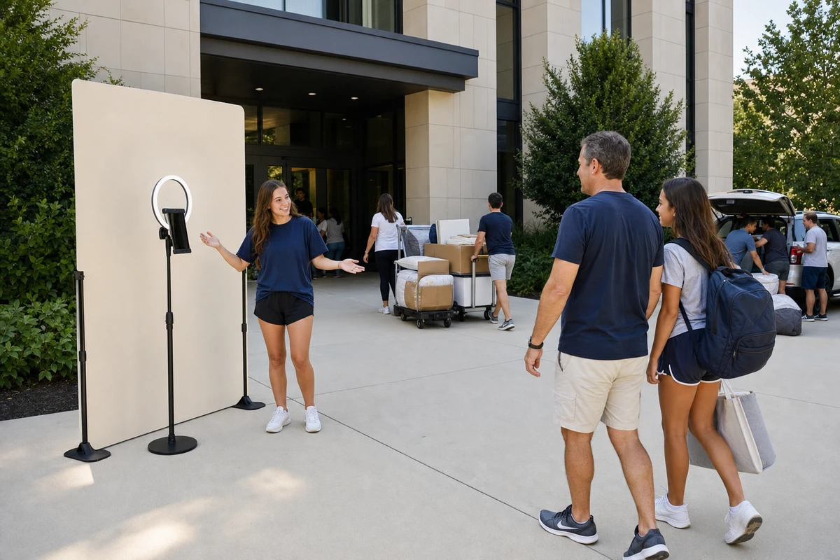 A compact photo-booth station set up on open pavement beside a modern residence hall entrance on move-in morning, with a student volunteer welcoming a family carrying boxes.
