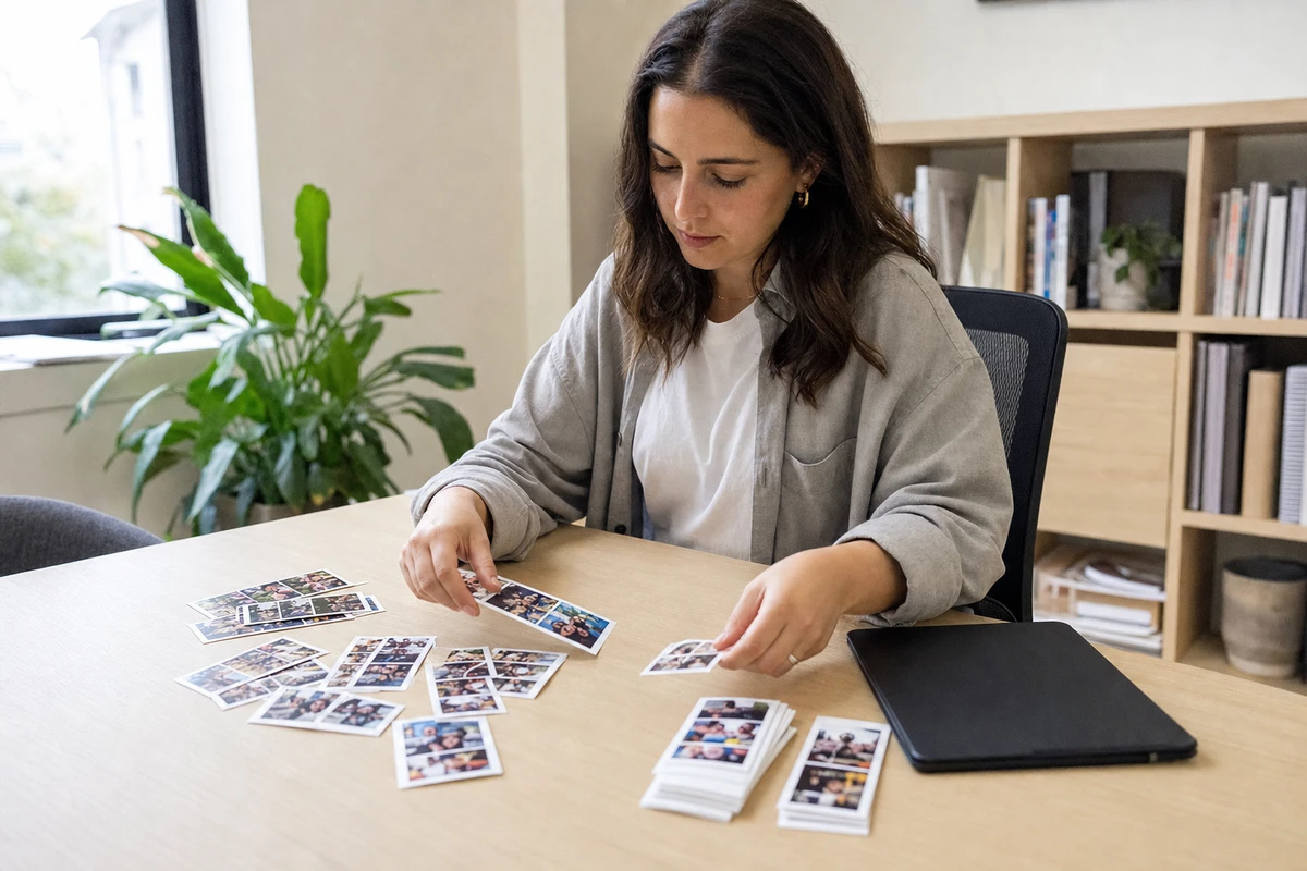 A student-affairs staffer at a campus office desk sorting a spread of printed welcome-week photo strips into selected groups.