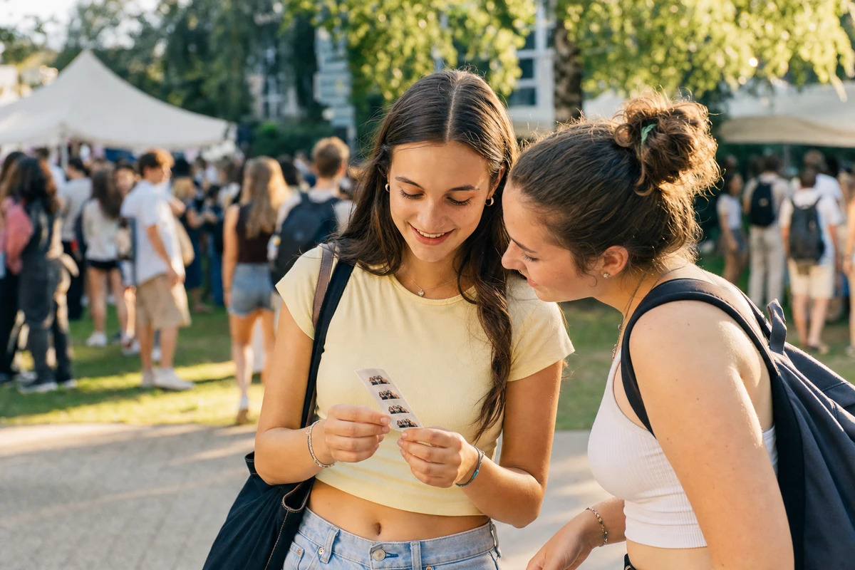 A first-year student holding a freshly printed photo strip while a friend leans in to look, just outside a campus welcome event in golden afternoon light.