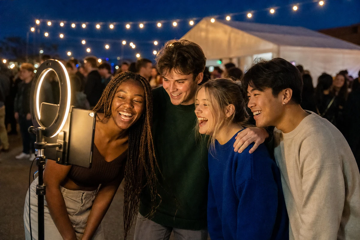 Four first-year students gathered in front of a photo-booth station during an evening campus welcome event, lit by warm overhead string lights.