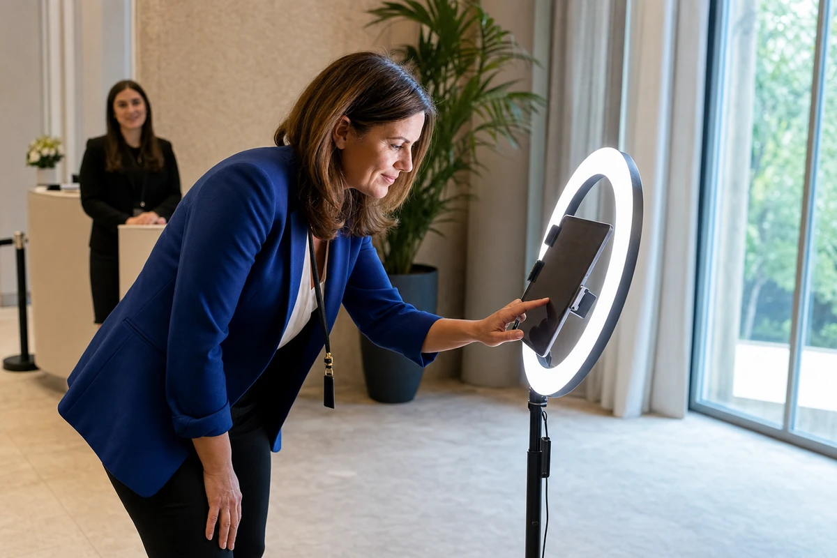 A guest leaning in to tap an angled iPad on a ring-light stand to enter her email after a photo at a hotel-event photo-booth activation.