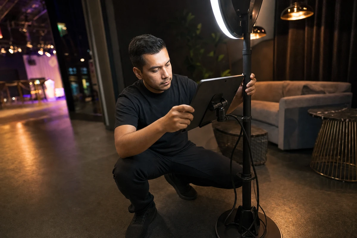 A photo-booth operator crouching beside the booth between sessions, steadying the ring-light stand and checking the angled iPad.