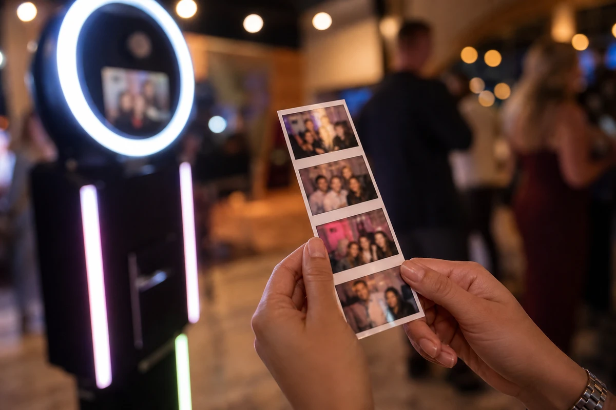 Close-up of a guest's hands holding a freshly printed photo strip with gestural, unreadable frames, the photo booth blurred behind.