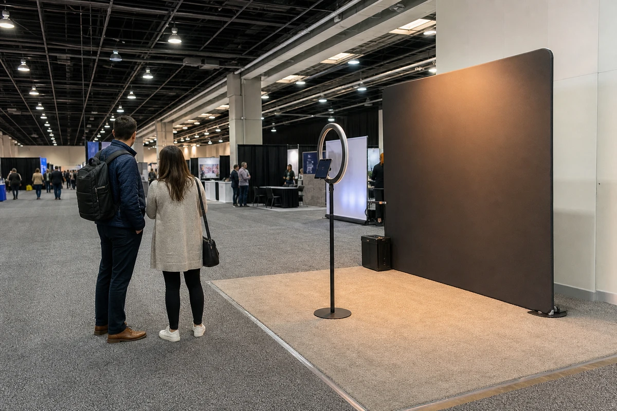 Wide view of a trade-show floor with a photo-booth activation set in a clear corner footprint at the edge of a carpeted aisle.