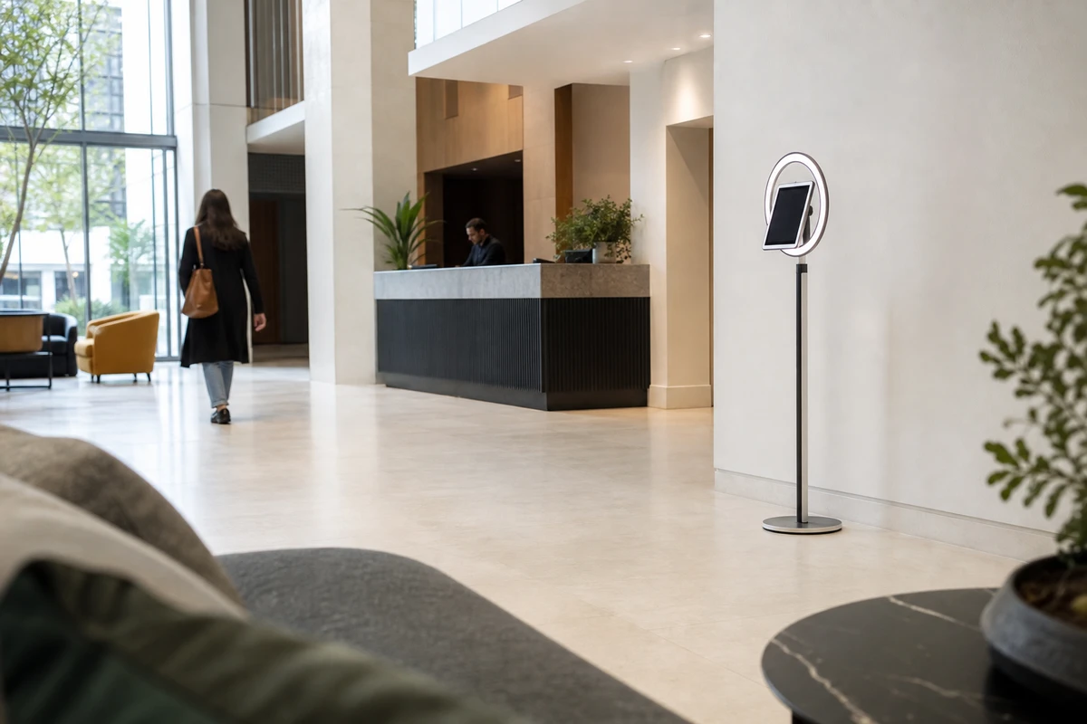 A wide view of a bright hotel lobby with an iPad photo-booth station placed against a feature wall near the host stand, with open floor space around it.