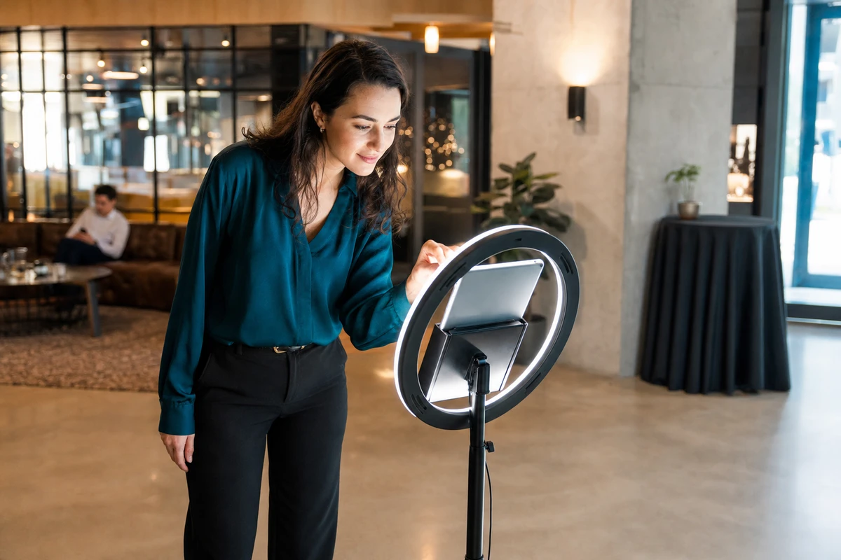 A woman leans toward an iPad photo-booth station, focused, sending herself her photo, in the calm interior of a modern venue.