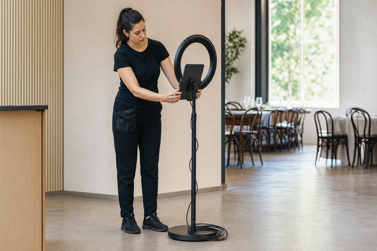 A photo-booth operator adjusts an iPad photo-booth station on its ring-light stand in a quiet venue before guests arrive.