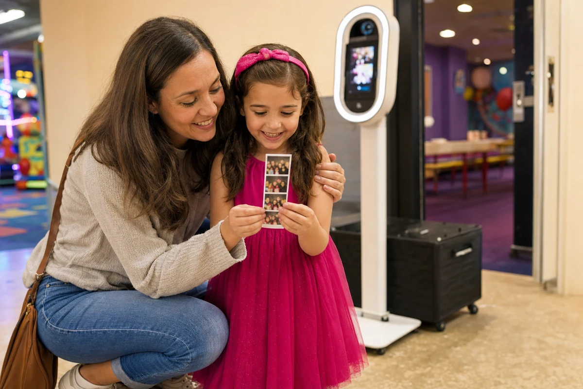 A parent crouches beside their child just outside the party rooms, both looking at a freshly printed photo strip the child holds, with the photo booth out of focus behind them.