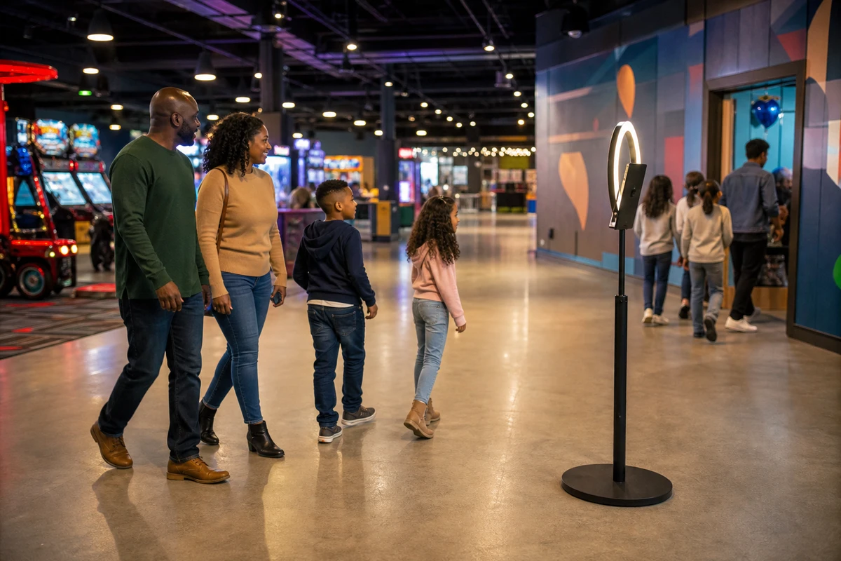 An open-air iPad photo booth stands in a clear pocket of open floor near the party rooms of a family entertainment center, set back from the arcade machines with room for guests to gather.