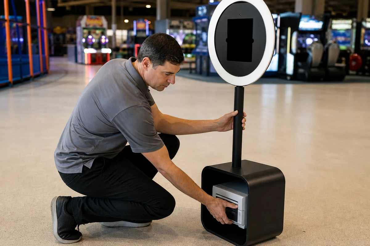A venue manager in a staff polo crouches beside an open-air photo booth before opening, checking its printer and stand on a quiet, empty entertainment center floor.