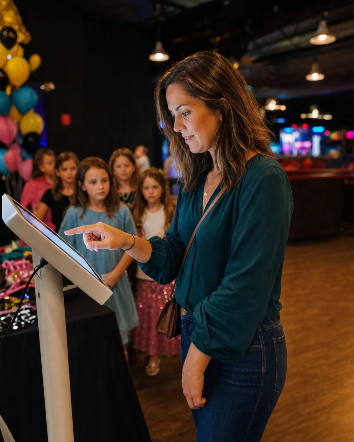 A parent leans toward an open-air photo booth and taps in a phone number to receive her child's birthday photos, with kids waiting behind her.