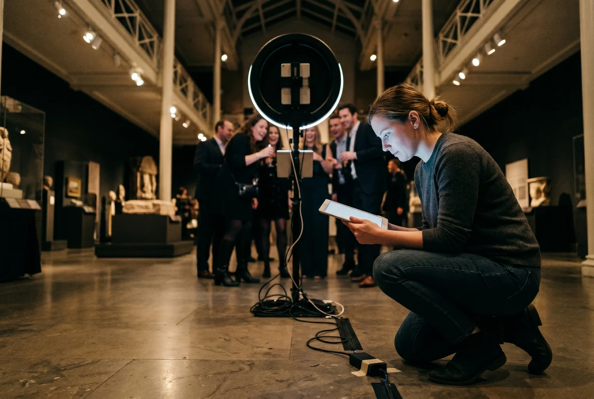 An operator crouches behind a photo-booth setup in a museum atrium during a live activation, eyes down on a small tablet that glows softly on her face, guests engaging at the booth out of focus behind her.