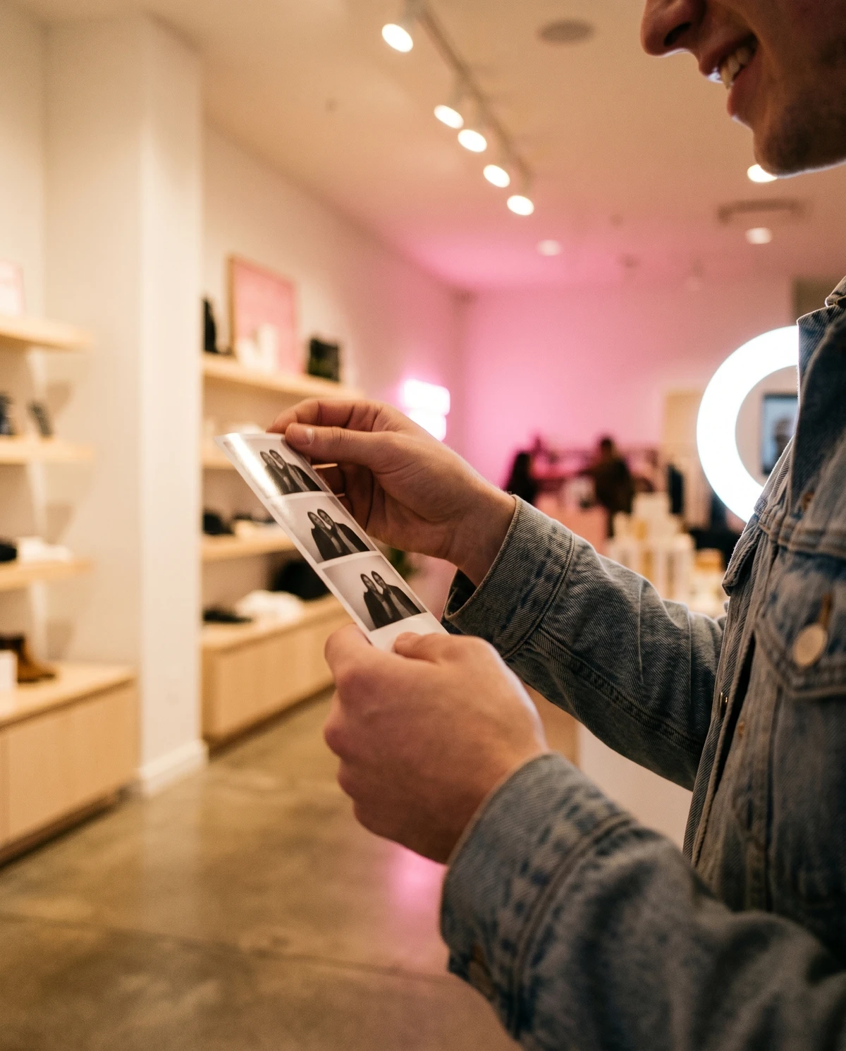 Two hands in a denim jacket hold a freshly printed branded photo strip up toward the face inside a retail-floor activation, a soft-pink neon storefront sign blurred in the background.