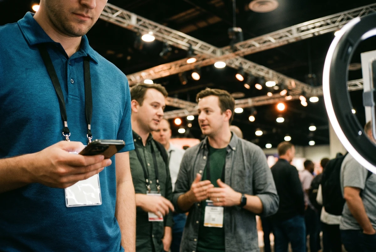 A queue of business-casual conference attendees with lanyards waits at a branded photo-booth kiosk on a trade-show exhibition floor, the booth's ring-light glowing in the deep midground.