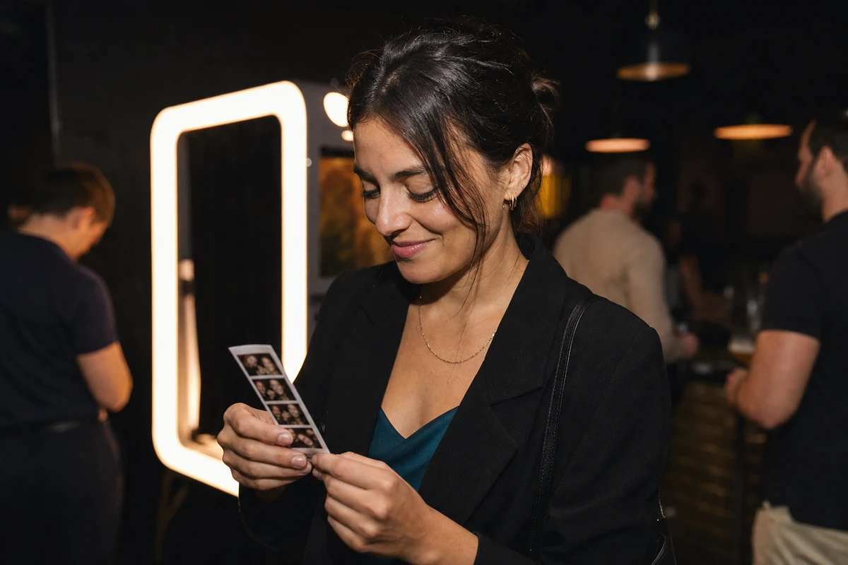 A guest who has just stepped away from a glowing photo booth, holding and looking at a freshly printed photo strip.