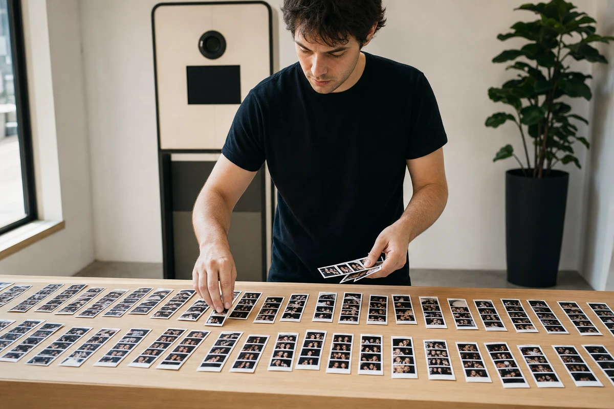A photo-booth operator sorting a spread of printed photo strips into neat rows on a counter, curating reusable content from a recent activation.