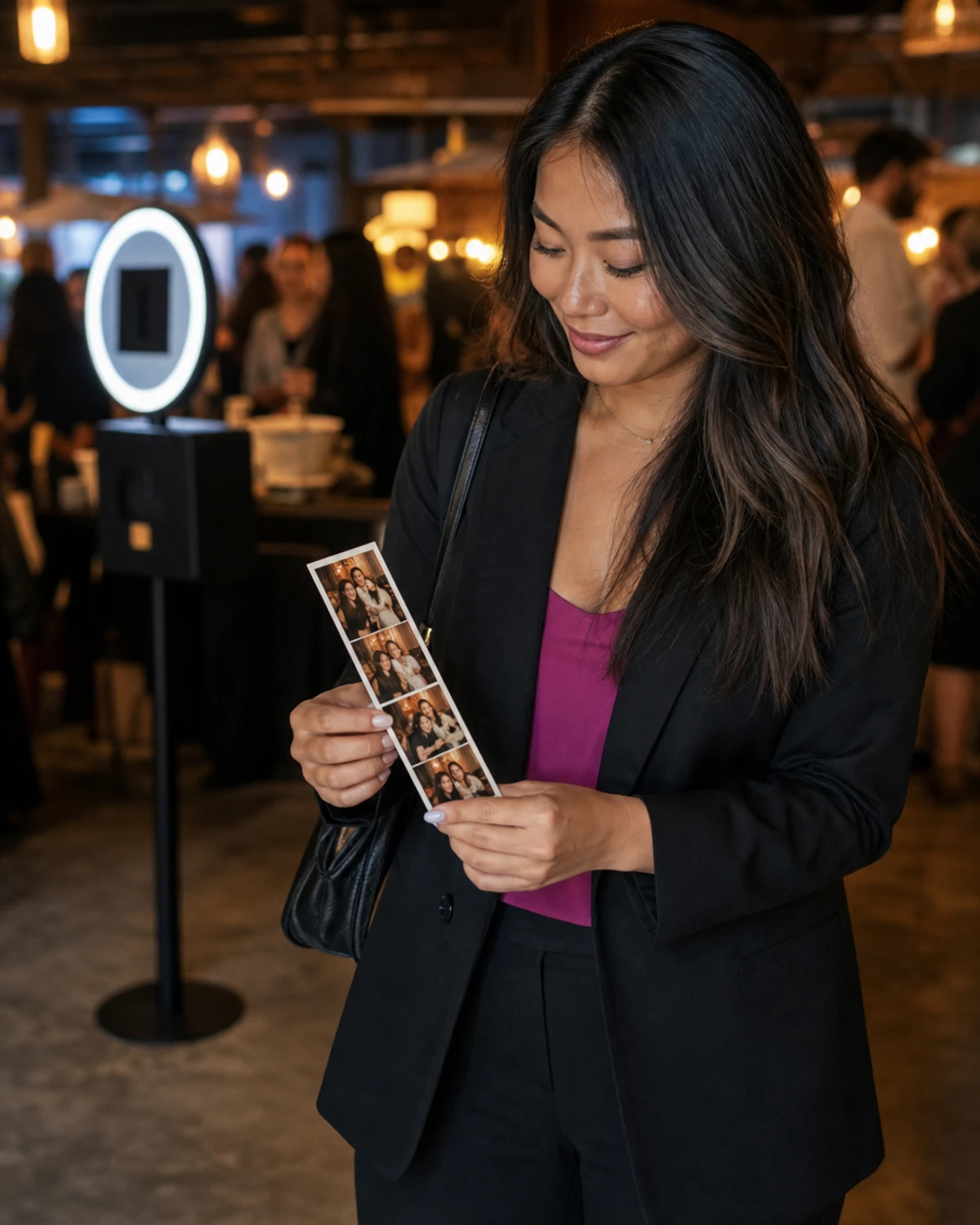 A customer holding a freshly printed photo strip in both hands and looking at it with a pleased smile inside a restaurant.