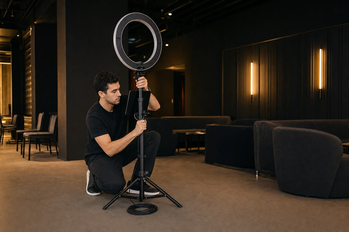 A photo-booth operator crouching beside the booth to adjust the ring-light stand in a quiet, nearly empty venue between sessions.