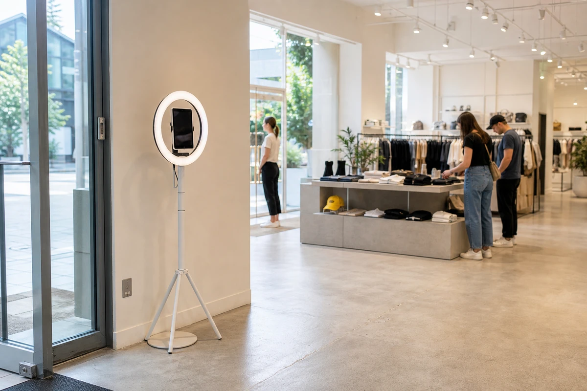 A photo-booth capture station with an iPad and ring light positioned near the entrance of a daylit retail store, with clear floor space around it.