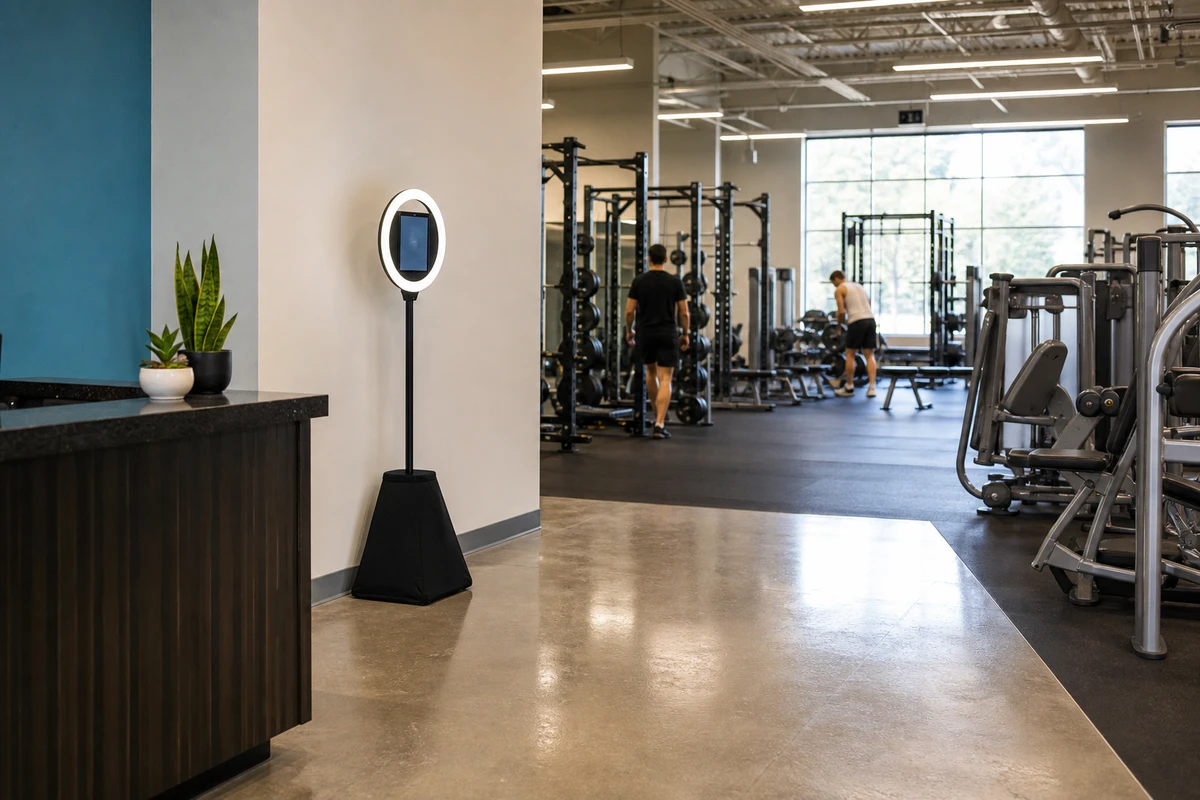 A wide view of a gym showing a compact open-air photo booth tucked against a wall near the front desk on the exit path.