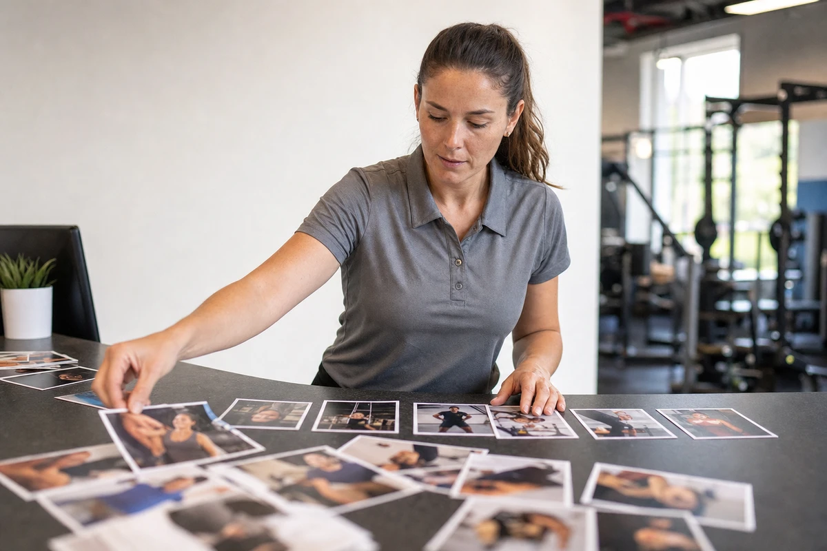 A gym manager sorts a small spread of printed member photos at a counter, choosing which ones to feature.