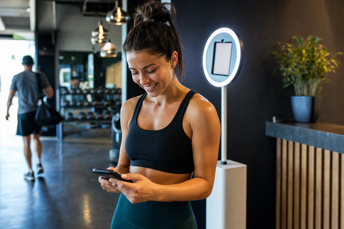 A gym member looks at her phone moments after a photo-booth session, with the open-air tablet booth standing behind her.