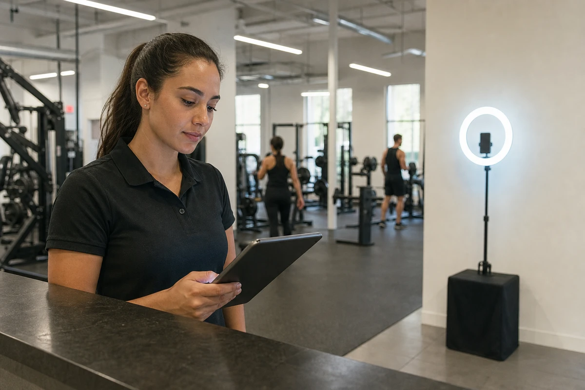 A gym operator reviews the photo booth's monthly numbers on a tablet at the front desk, with the booth visible across the floor.