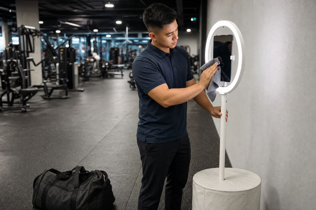 A gym staff member wipes down a permanent open-air photo booth during a routine reset on the gym floor.