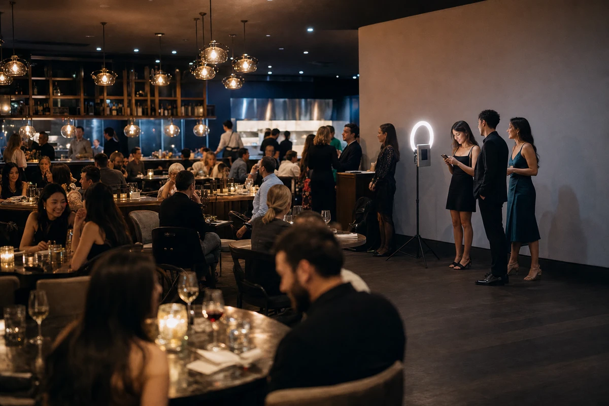 A wide view of a full upscale restaurant lounge at peak service, with a short line of guests waiting at a compact photo-booth kit set in the corner.