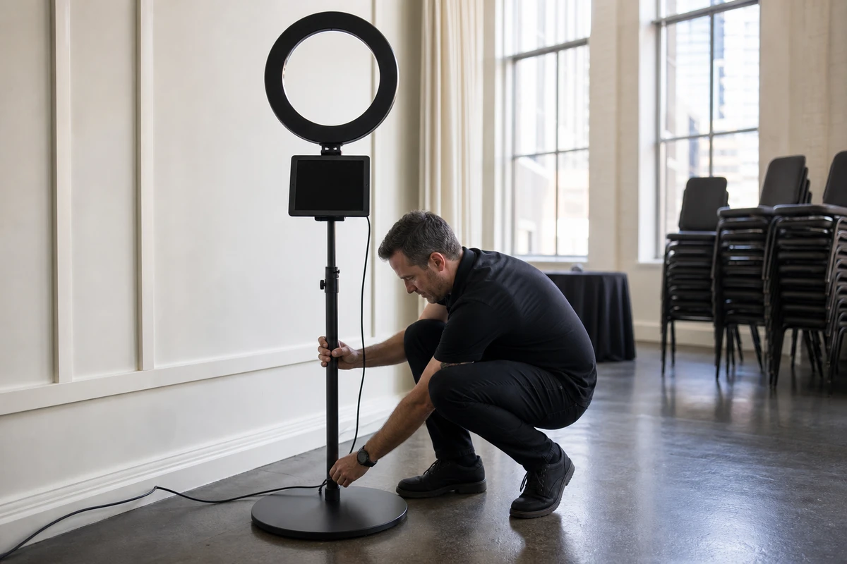 A photo-booth operator levels a ring-light stand and tidies a cable beside a powered-down photo booth in a calm, empty daylit venue before an event.
