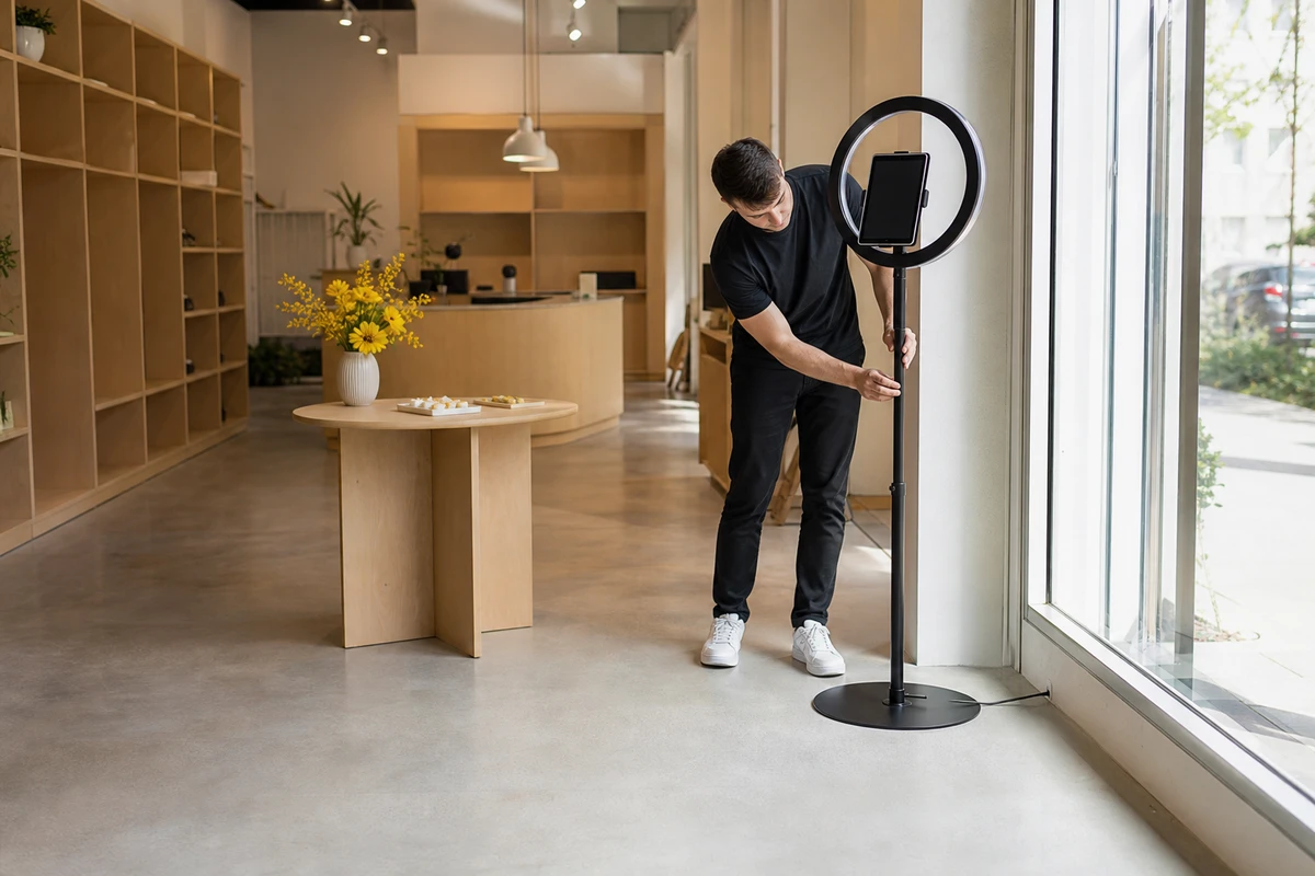 A photo-booth kit and a small sampling table set up in a cleared zone beside a specialty store's front window, with open floor space around them.