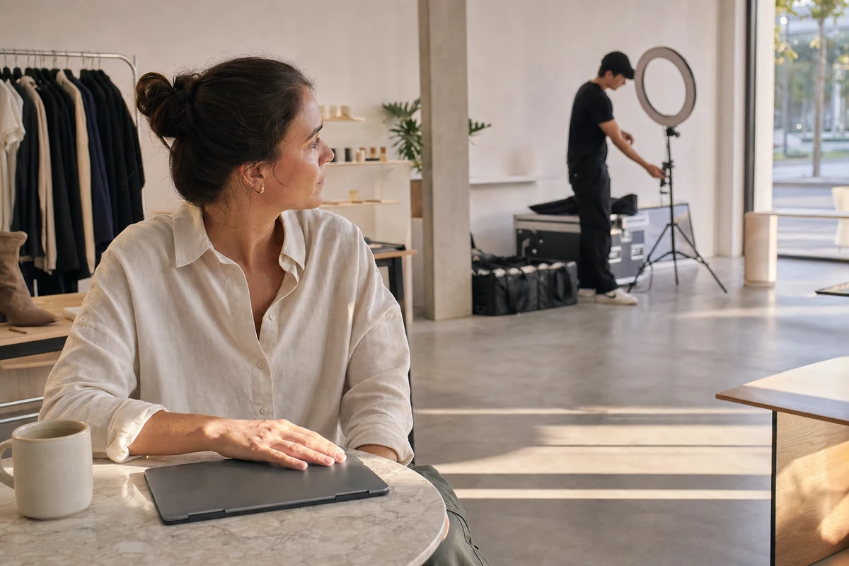 A venue manager reviewing the day at a side table as the photo-booth activation is packed down behind her.