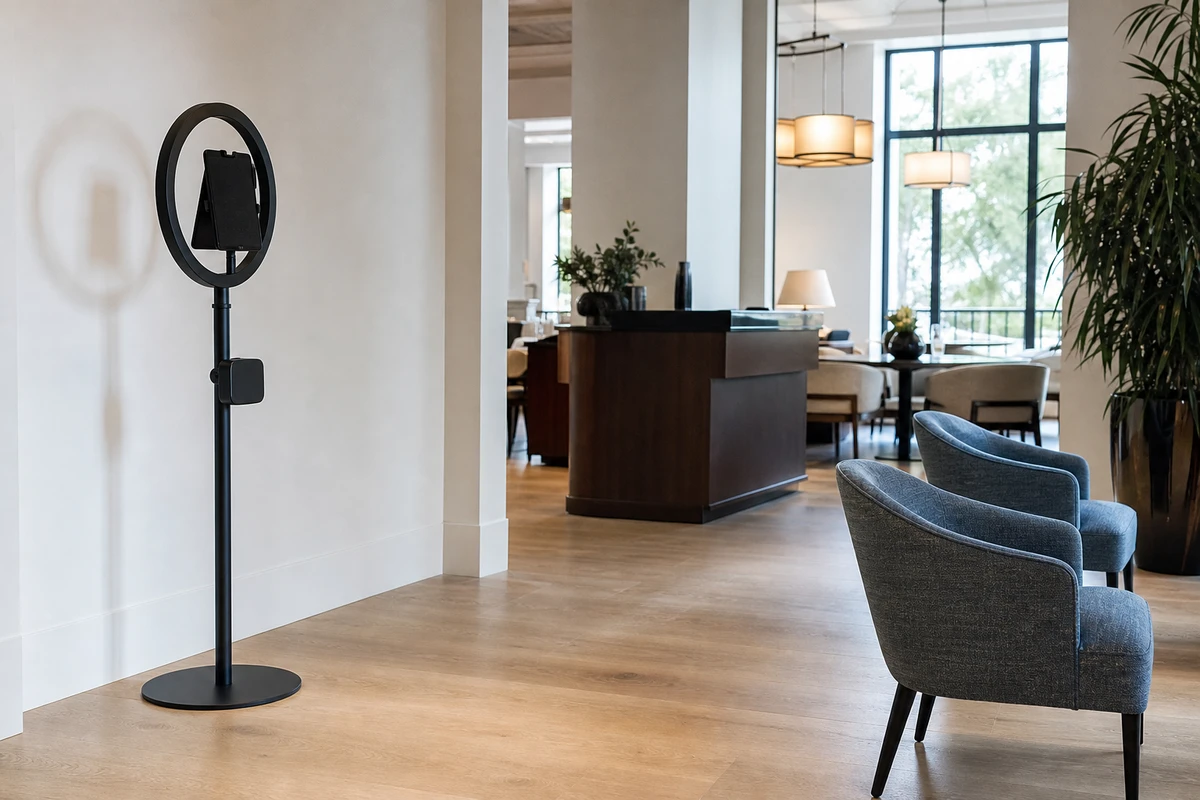 A photo-booth kit on an upright ring-light stand set up against a clean wall in the entry-lounge of an upscale restaurant, with open floor space around it before an event.