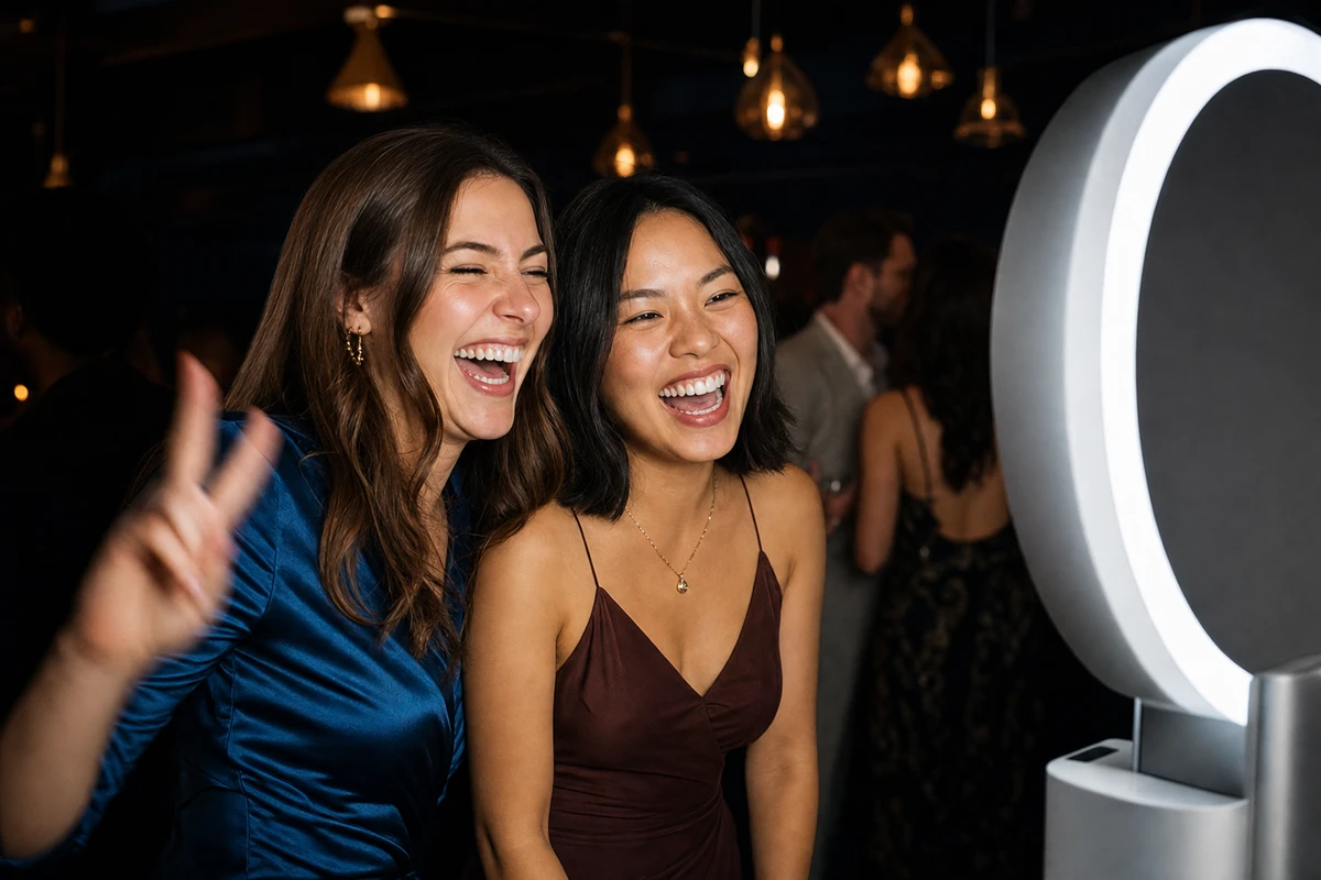 Two friends lean together to pose in front of a commercial photo booth, lit by the soft glow of the booth's ring light in a dark lounge venue.