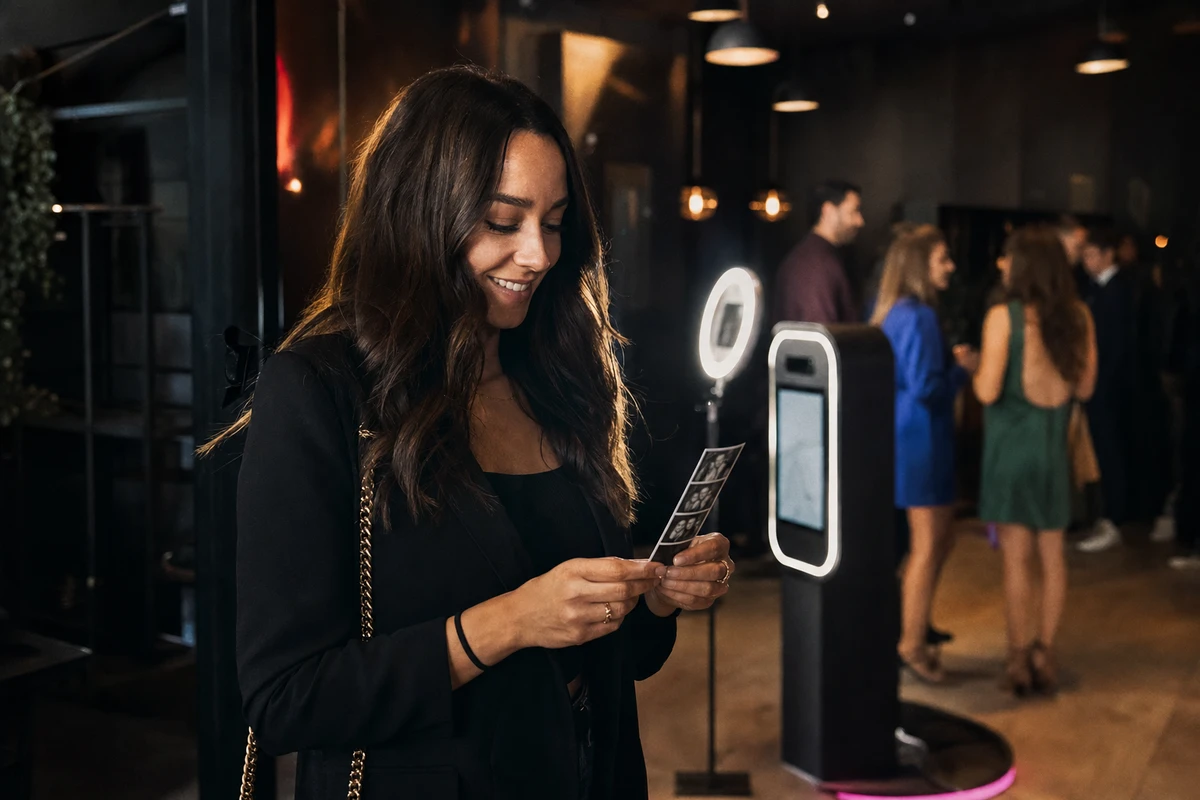A venue guest stands a few steps from a photo booth, smiling at a freshly printed photo strip held in both hands.