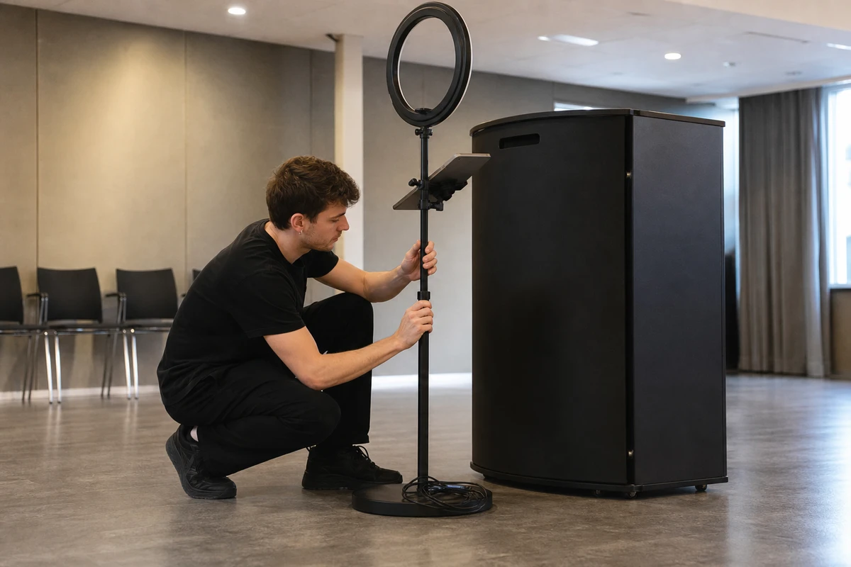 A photo-booth operator crouches beside a booth in an empty event room, adjusting the ring-light stand between sessions.