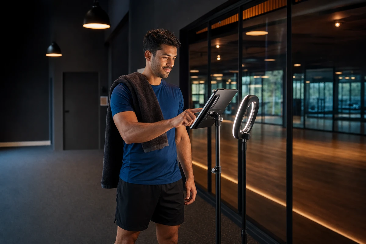 A single gym guest with a towel over one shoulder tapping a tablet photo-booth station after a class.