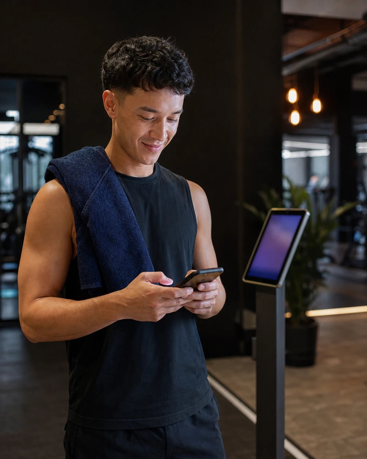 A gym guest looking at their phone with a satisfied smile after receiving their first-visit photo near the photo-booth station.