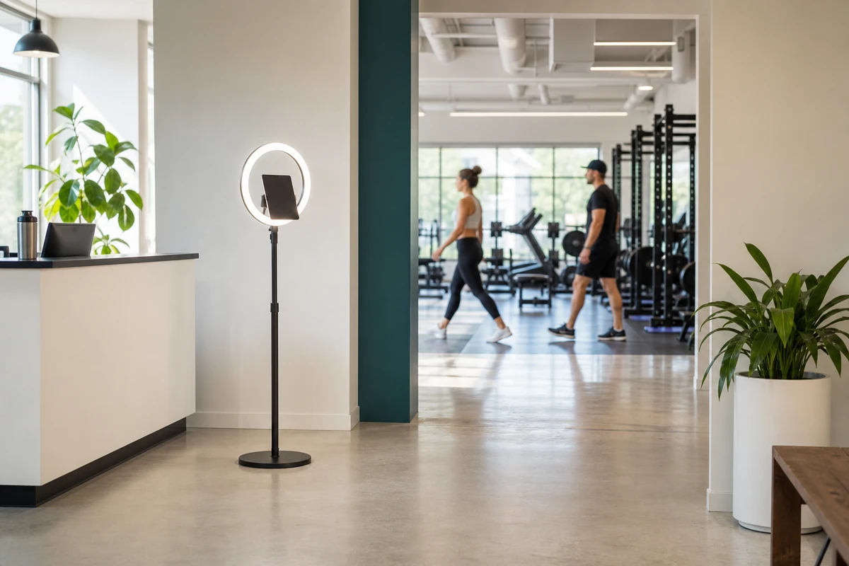 A tablet photo-booth station on a ring-light stand placed against the entry wall of a bright boutique gym lobby, with open floor space and the training floor visible behind.