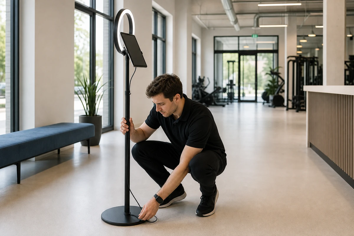 A gym operator in a staff polo crouching beside a tablet photo-booth station, adjusting the stand before the gym opens.
