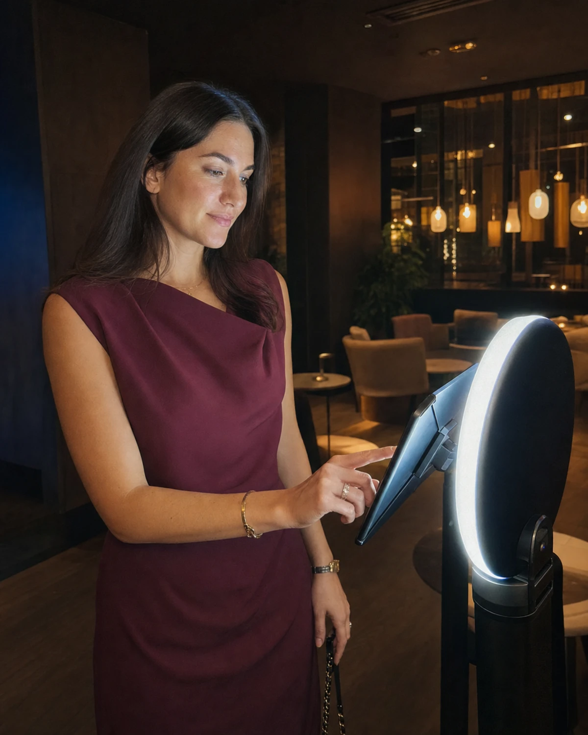 A hotel guest taps a photo-booth station's screen to finish and send her photo in a warmly lit hotel lounge.