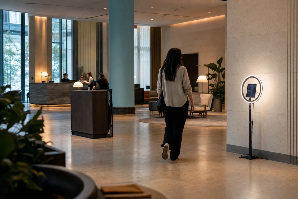 A photo-booth station placed against a feature wall in a hotel lobby with open floor space, seen in a wide establishing shot.