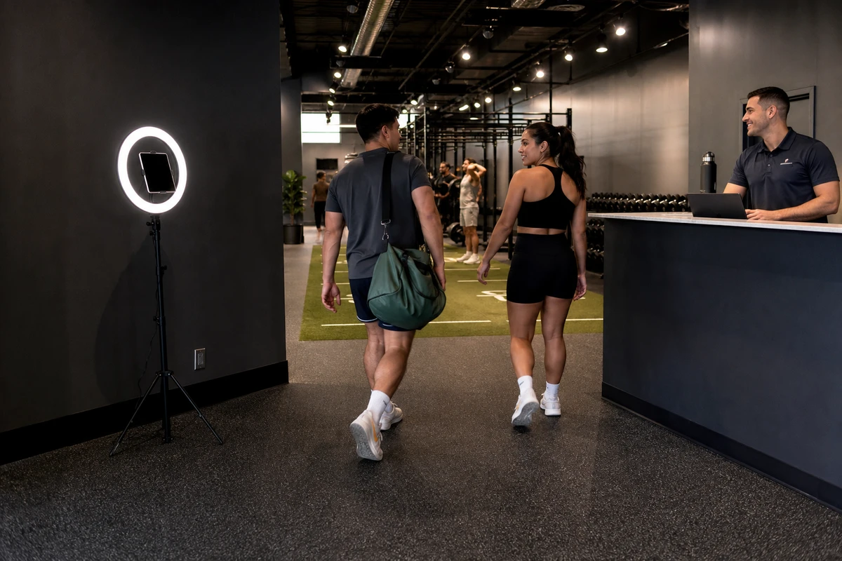 An iPad photo booth on a ring-light stand stands against the entry wall of a boutique gym near the front desk as two members walk past.