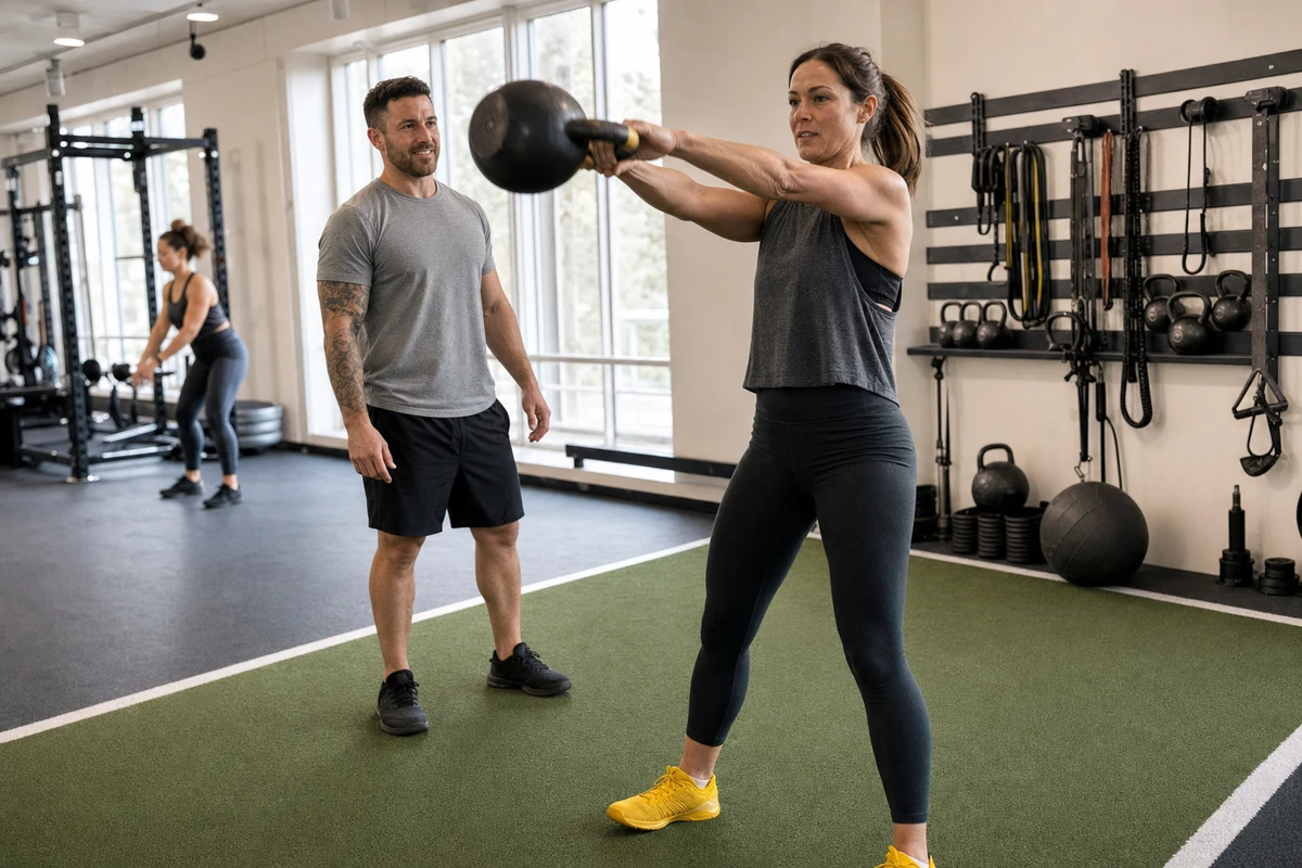 A woman trains with a kettlebell on a boutique gym floor as a coach watches, a former challenge participant now a committed long-term member.