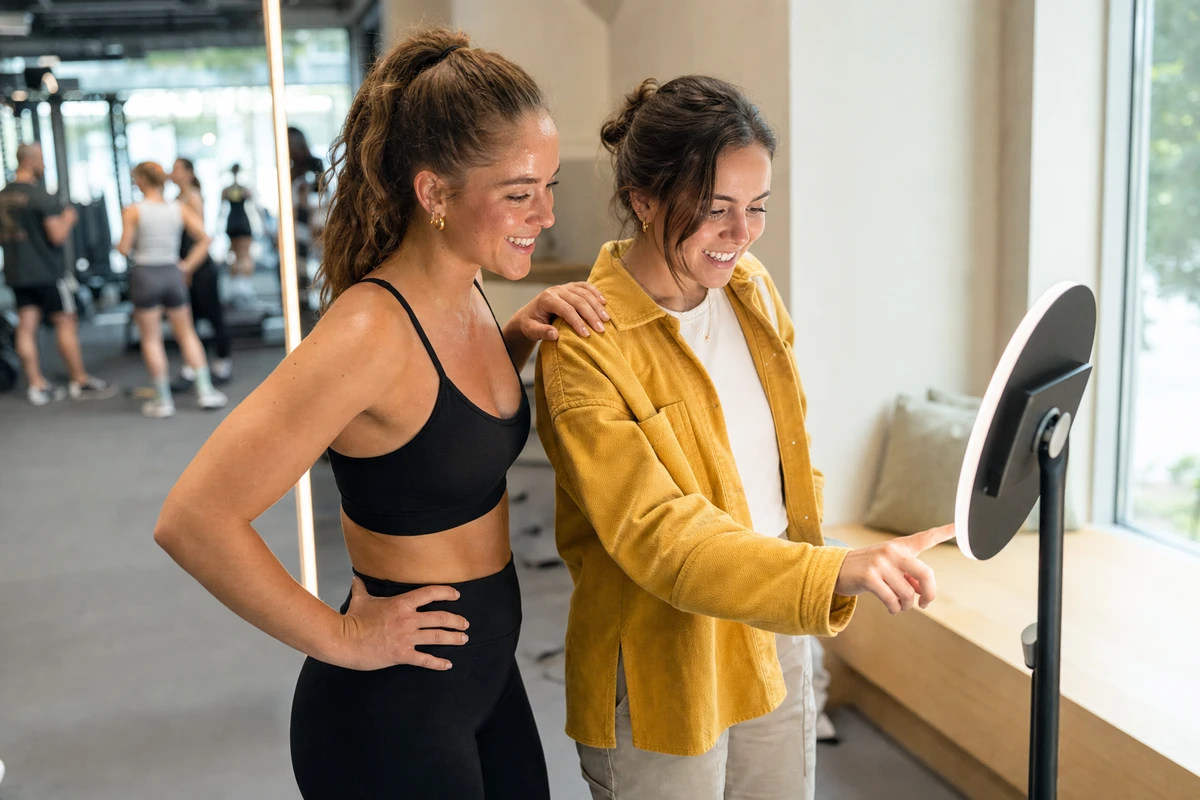 A gym-challenge participant and the casually dressed guest she brought stand at an iPad photo booth as the guest enters her email to receive their photo.