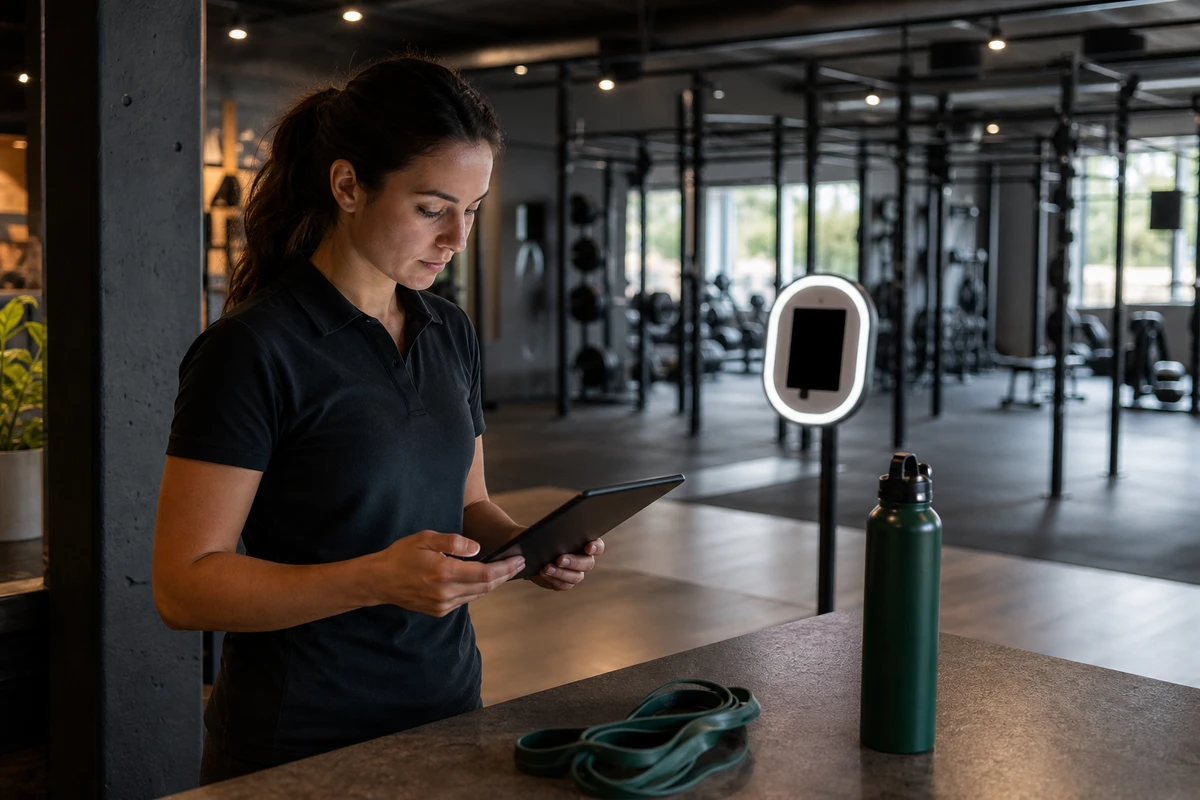 A gym manager at the front desk reviews newly captured challenge contacts on a tablet while the idle photo booth stands a few steps away.