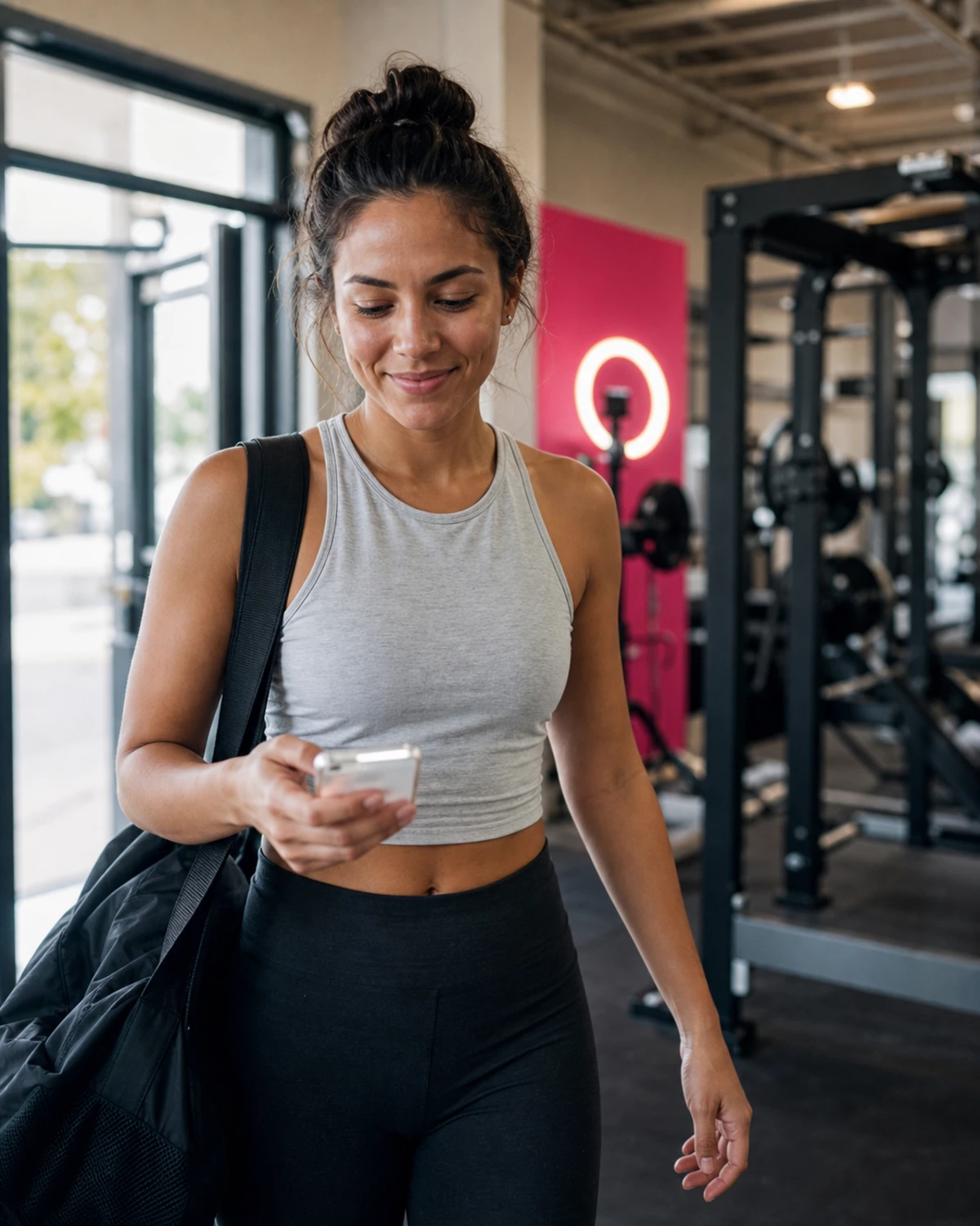 A gym member walks off the floor toward the exit, glancing at her phone after receiving her photo from the selfie station.