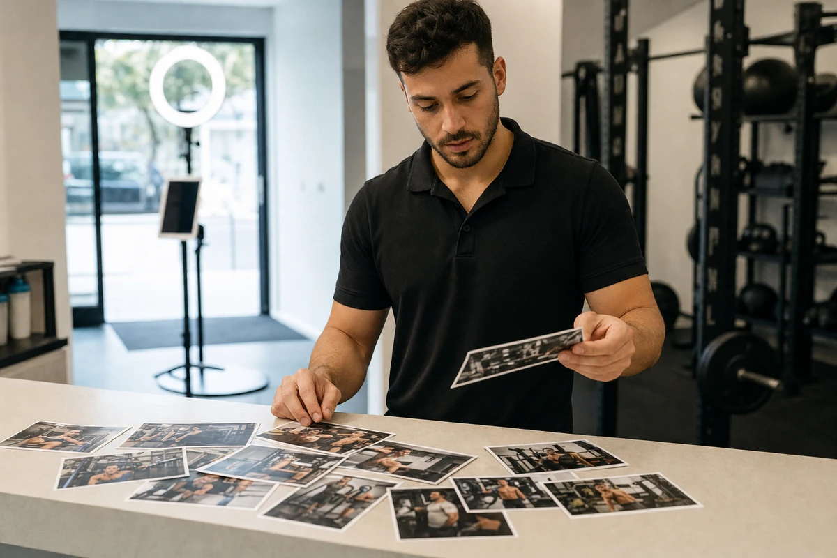 A gym operator at the front desk sorts through printed member photos, curating the best ones to repost.